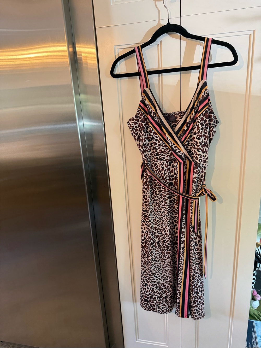 Hale Bob Leopard Print Wrap Midi Dress with Pink & Yellow Stripes